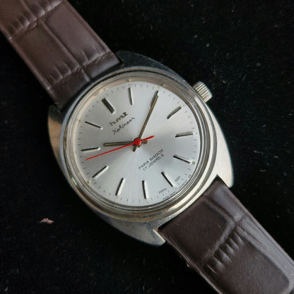 Vintage Original HMT Kohinoor Hand Winding 17 Jewels Silver Face Brown Leather Strap Men's Wrist Watch J100