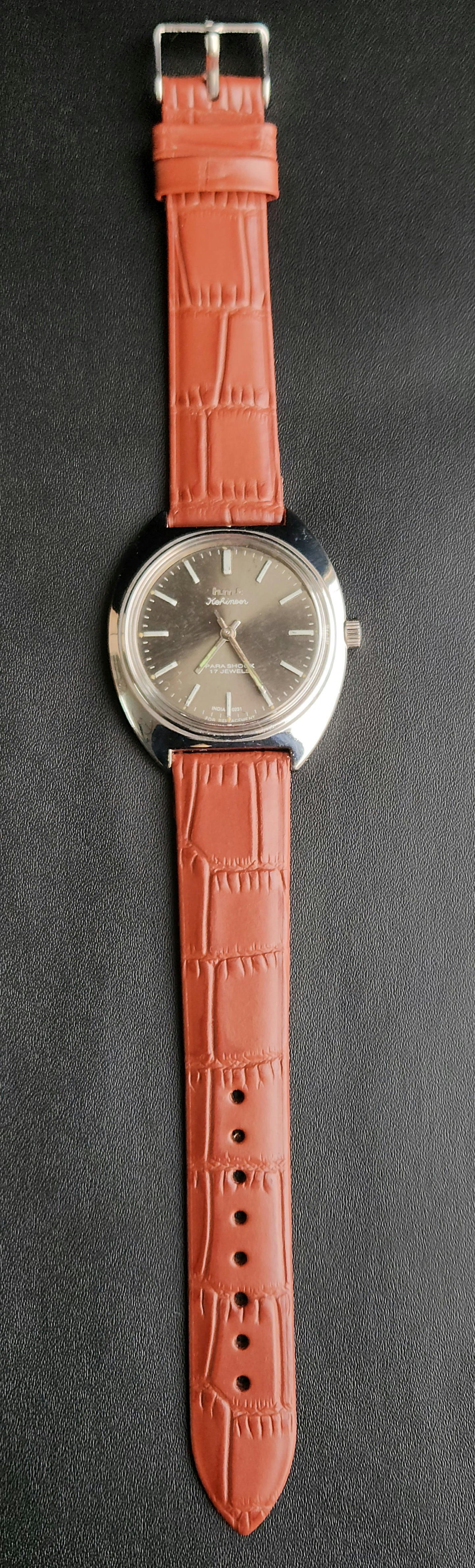 Vintage Original HMT Kohinoor Hand Winding 17 Jewels Grey Face Tan Leather Strap Men's Wrist Watch J101