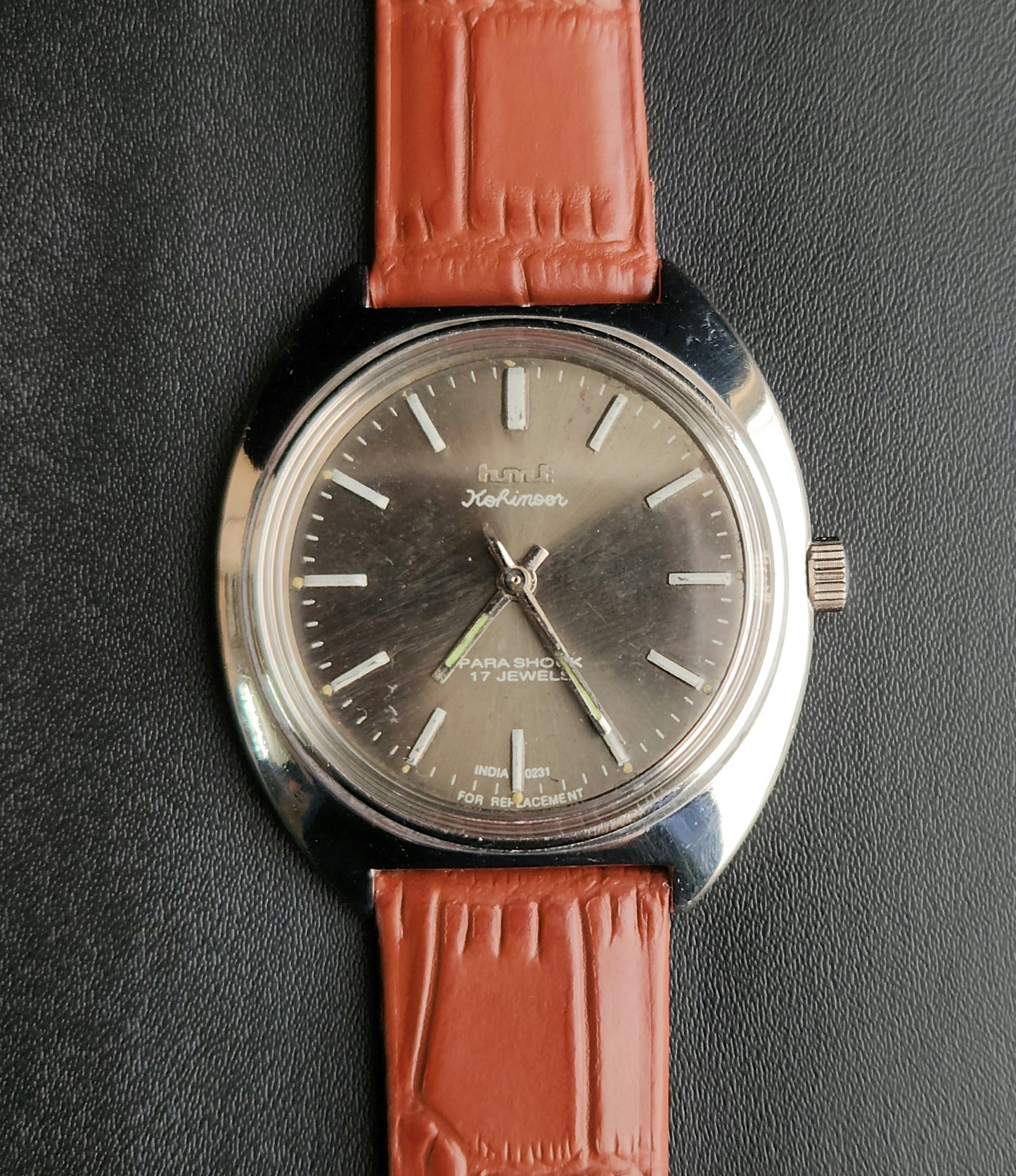 Vintage Original HMT Kohinoor Hand Winding 17 Jewels Grey Face Tan Leather Strap Men's Wrist Watch J101