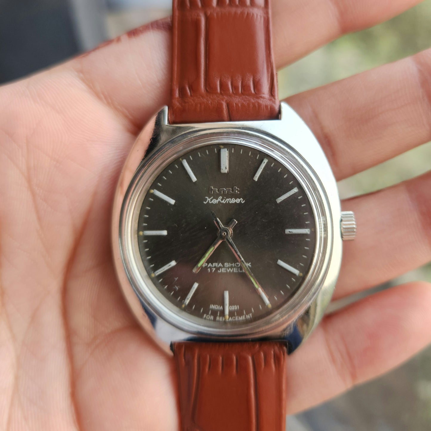 Vintage Original HMT Kohinoor Hand Winding 17 Jewels Grey Face Tan Leather Strap Men's Wrist Watch J101