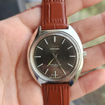 Vintage Original HMT Kohinoor Hand Winding 17 Jewels Grey Face Tan Leather Strap Men's Wrist Watch J101