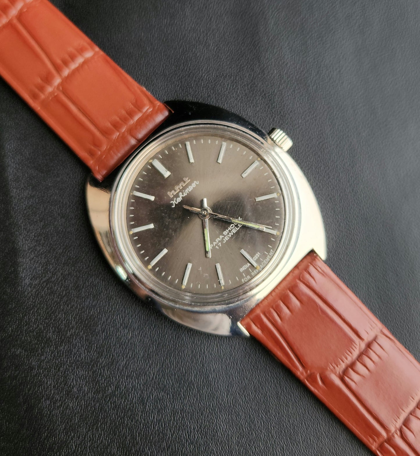 Vintage Original HMT Kohinoor Hand Winding 17 Jewels Grey Face Tan Leather Strap Men's Wrist Watch J101