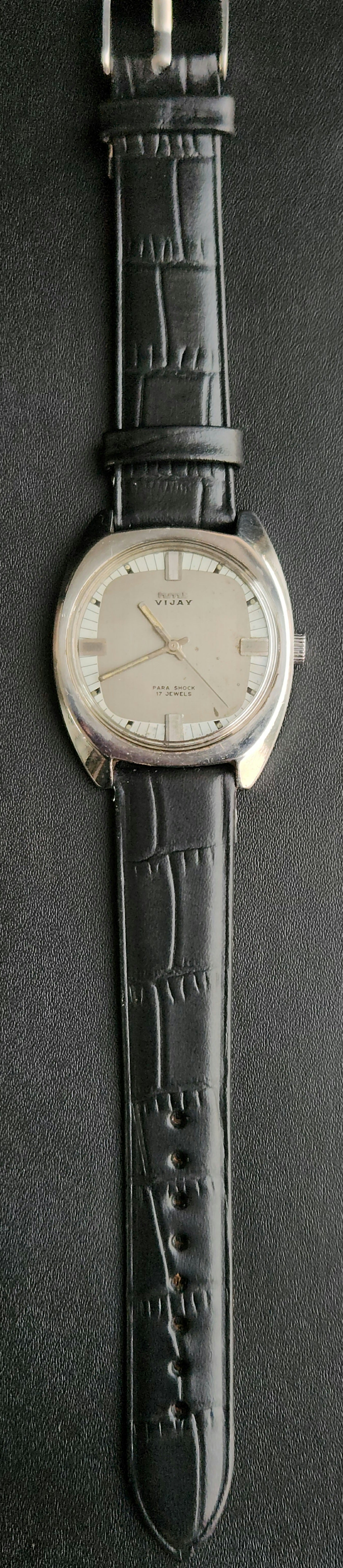 Vintage Original HMT Vijay Hand Winding 17 Jewels Grey Face Black Leather Strap Men's Wrist Watch J102