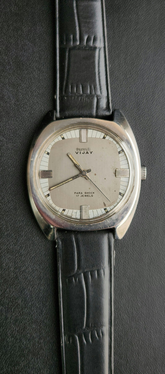 Vintage Original HMT Vijay Hand Winding 17 Jewels Grey Face Black Leather Strap Men's Wrist Watch J102