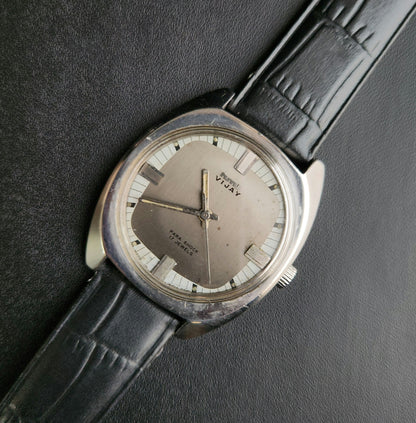 Vintage Original HMT Vijay Hand Winding 17 Jewels Grey Face Black Leather Strap Men's Wrist Watch J102
