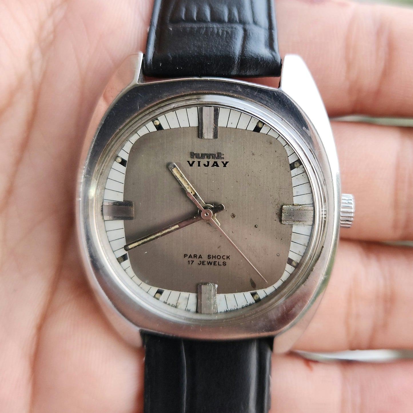 Vintage Original HMT Vijay Hand Winding 17 Jewels Grey Face Black Leather Strap Men's Wrist Watch J102