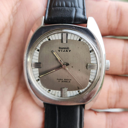 Vintage Original HMT Vijay Hand Winding 17 Jewels Grey Face Black Leather Strap Men's Wrist Watch J102