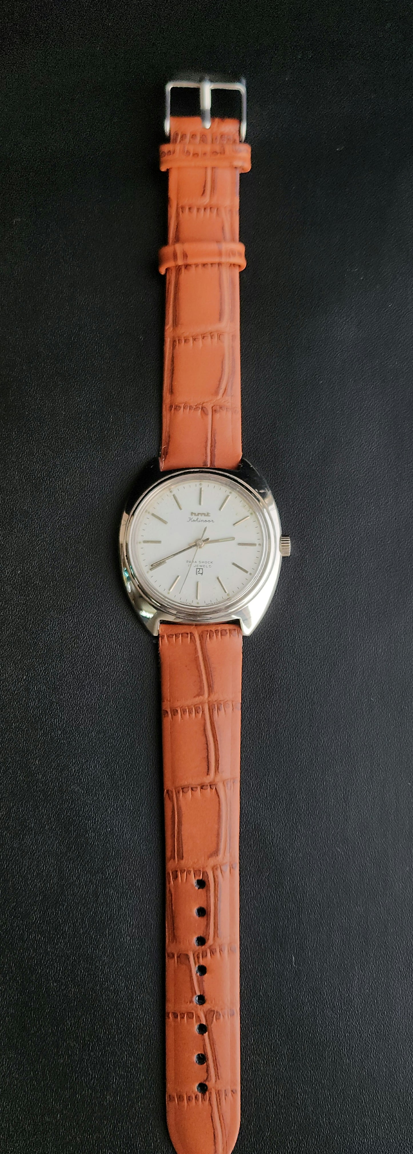 Vintage Original HMT Kohinoor Hand Winding 17 Jewels White Face Tan Leather Strap Men's Wrist Watch J103