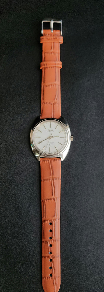 Vintage Original HMT Kohinoor Hand Winding 17 Jewels White Face Tan Leather Strap Men's Wrist Watch J103