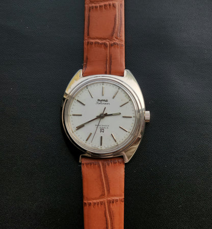 Vintage Original HMT Kohinoor Hand Winding 17 Jewels White Face Tan Leather Strap Men's Wrist Watch J103