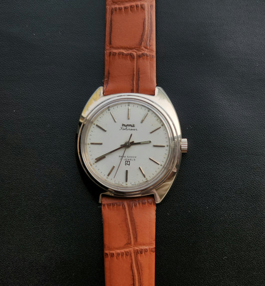 Vintage Original HMT Kohinoor Hand Winding 17 Jewels White Face Tan Leather Strap Men's Wrist Watch J103