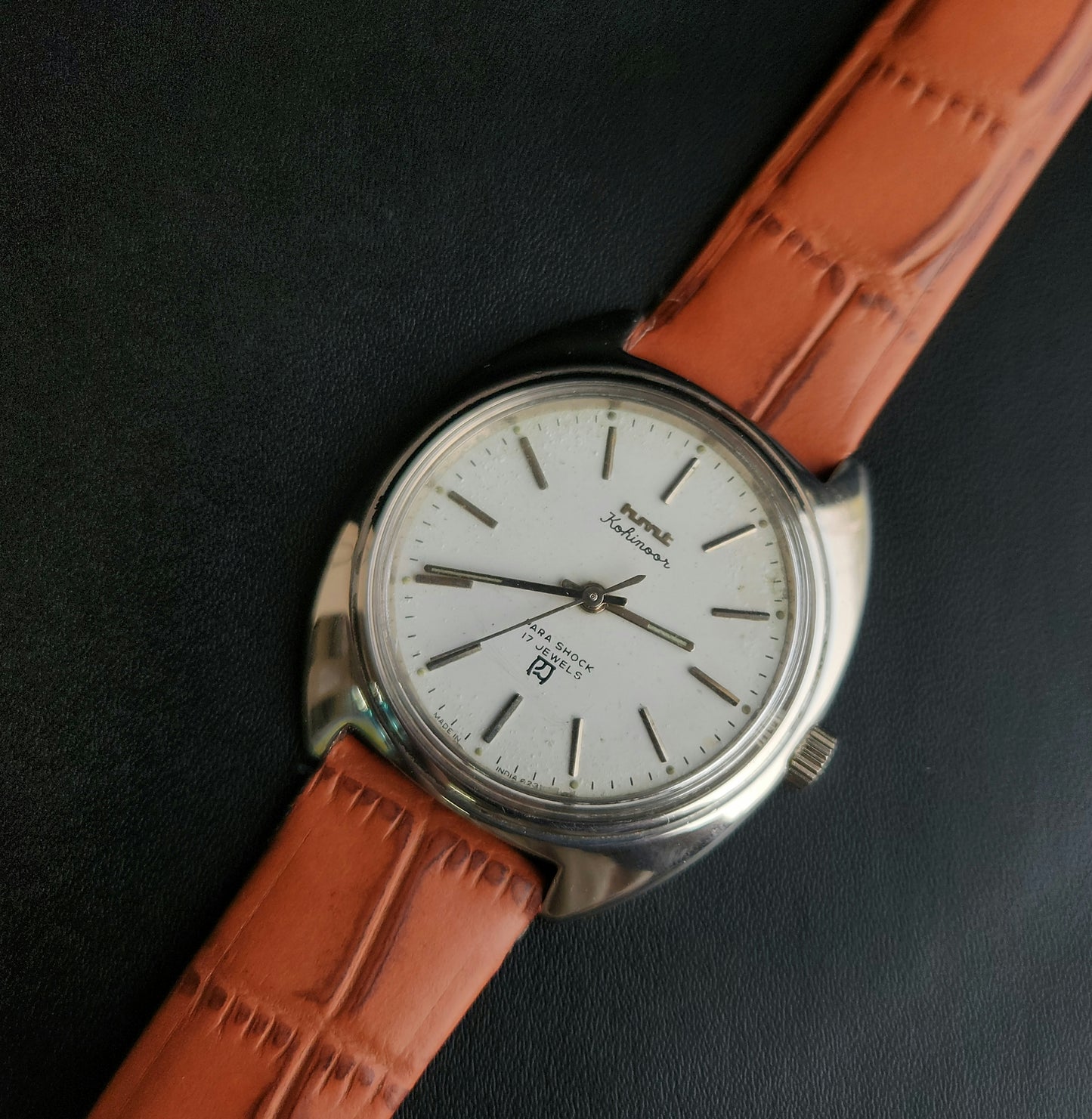 Vintage Original HMT Kohinoor Hand Winding 17 Jewels White Face Tan Leather Strap Men's Wrist Watch J103