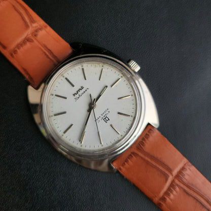 Vintage Original HMT Kohinoor Hand Winding 17 Jewels White Face Tan Leather Strap Men's Wrist Watch J103