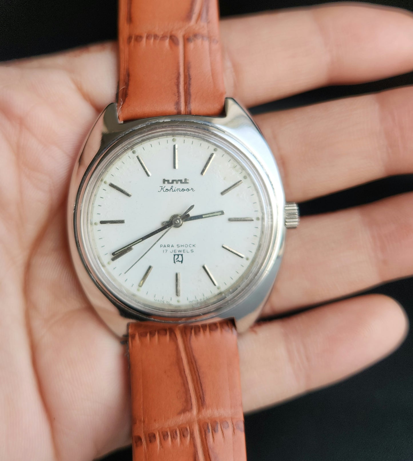 Vintage Original HMT Kohinoor Hand Winding 17 Jewels White Face Tan Leather Strap Men's Wrist Watch J103