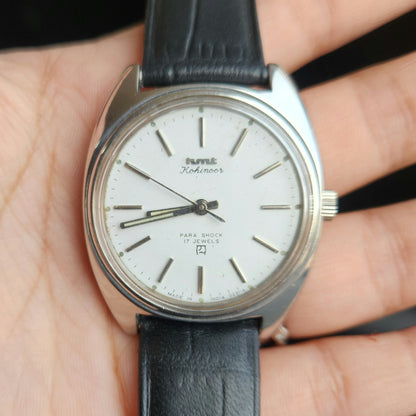 Vintage Original HMT Kohinoor Hand Winding 17 Jewels White Face Black Leather Strap Men's Wrist Watch J104