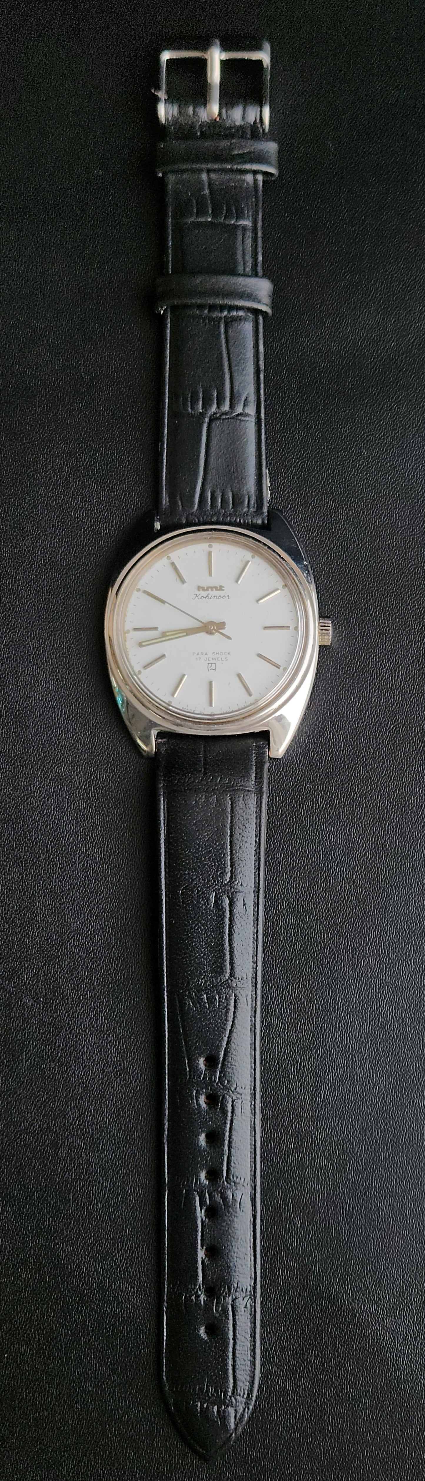 Vintage Original HMT Kohinoor Hand Winding 17 Jewels White Face Black Leather Strap Men's Wrist Watch J104