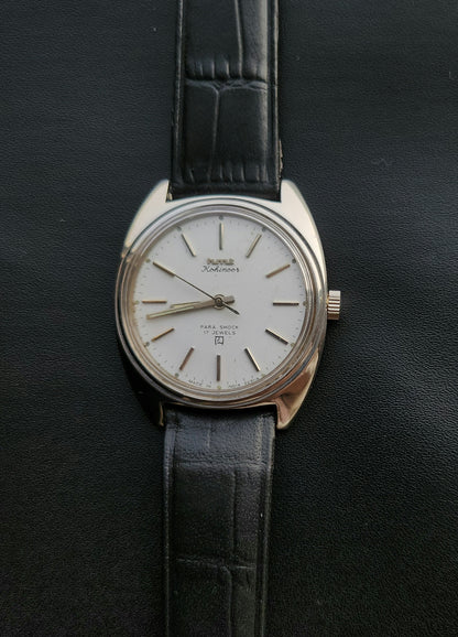 Vintage Original HMT Kohinoor Hand Winding 17 Jewels White Face Black Leather Strap Men's Wrist Watch J104