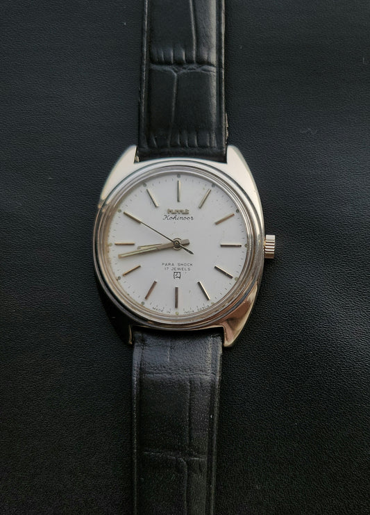 Vintage Original HMT Kohinoor Hand Winding 17 Jewels White Face Black Leather Strap Men's Wrist Watch J104