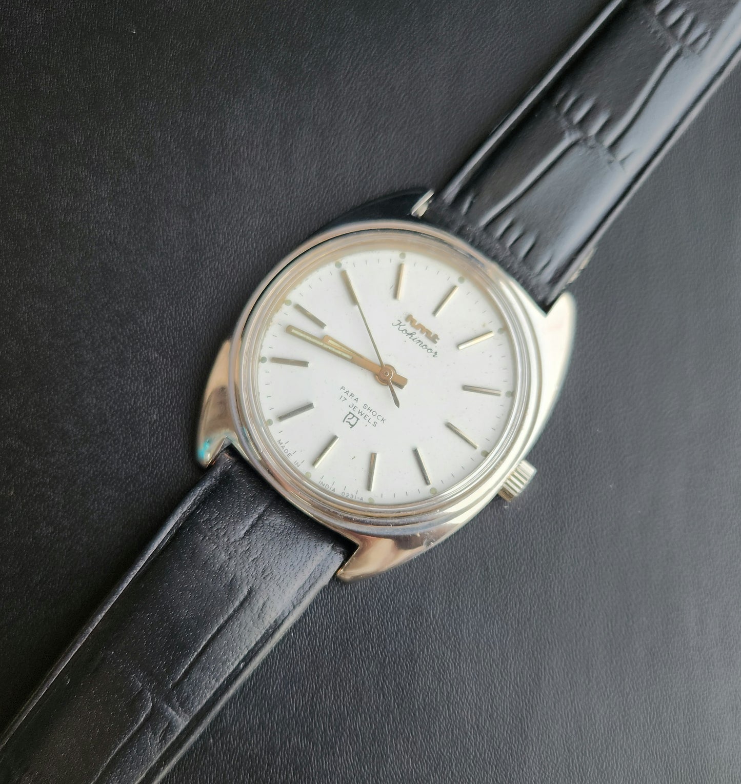 Vintage Original HMT Kohinoor Hand Winding 17 Jewels White Face Black Leather Strap Men's Wrist Watch J104