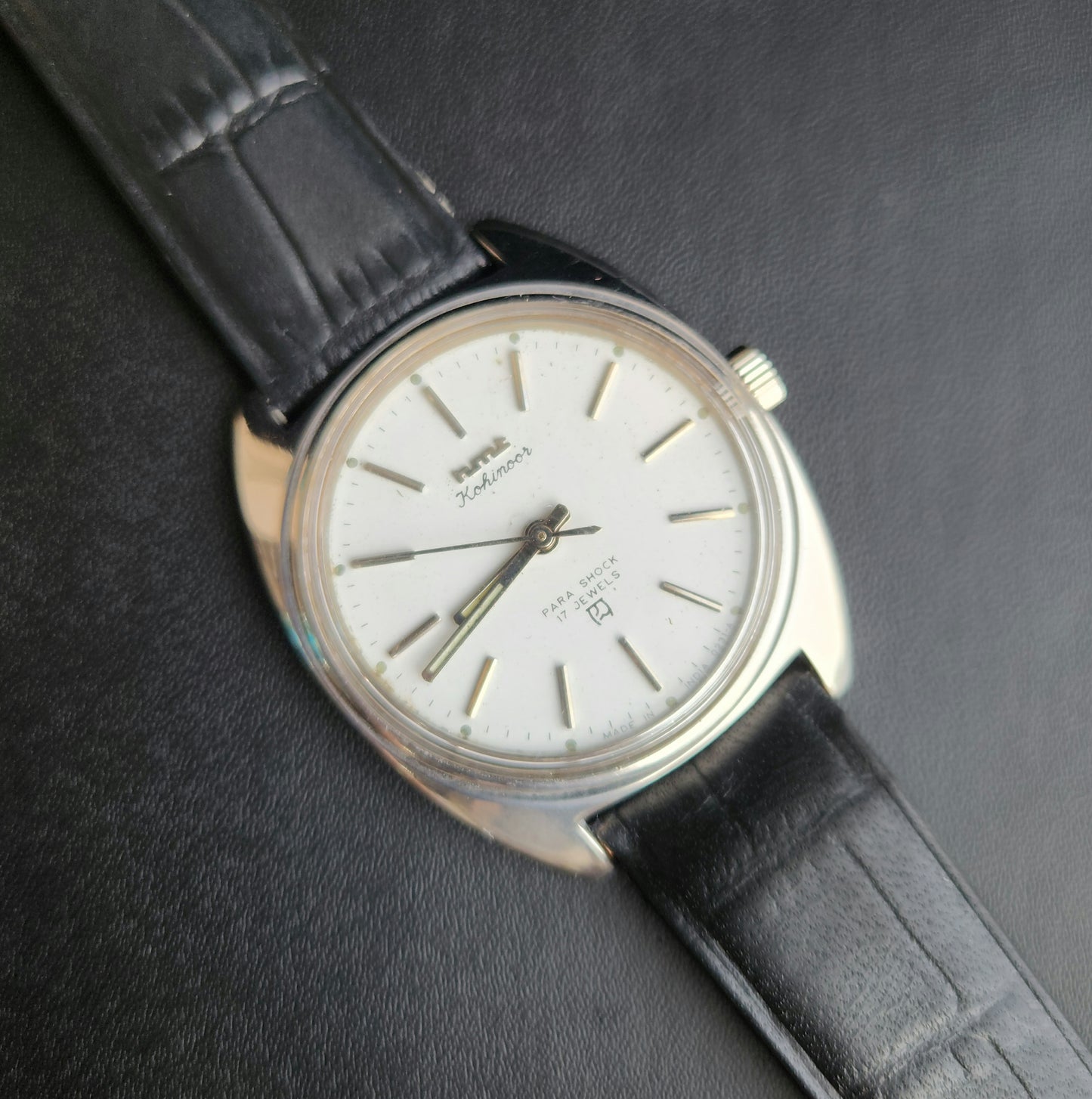 Vintage Original HMT Kohinoor Hand Winding 17 Jewels White Face Black Leather Strap Men's Wrist Watch J104