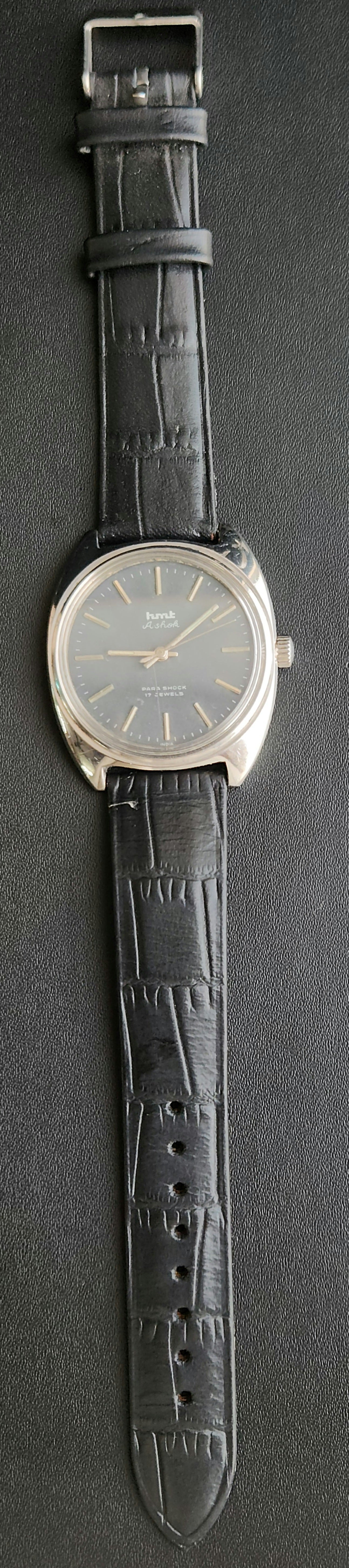 Vintage Original HMT Ashok Hand Winding 17 Jewels Grey Face Black Leather Strap Men's Wrist Watch J105