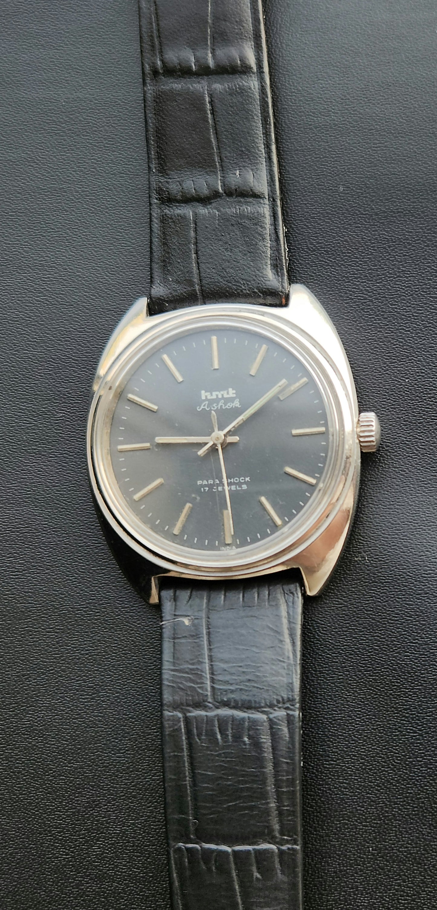 Vintage Original HMT Ashok Hand Winding 17 Jewels Grey Face Black Leather Strap Men's Wrist Watch J105