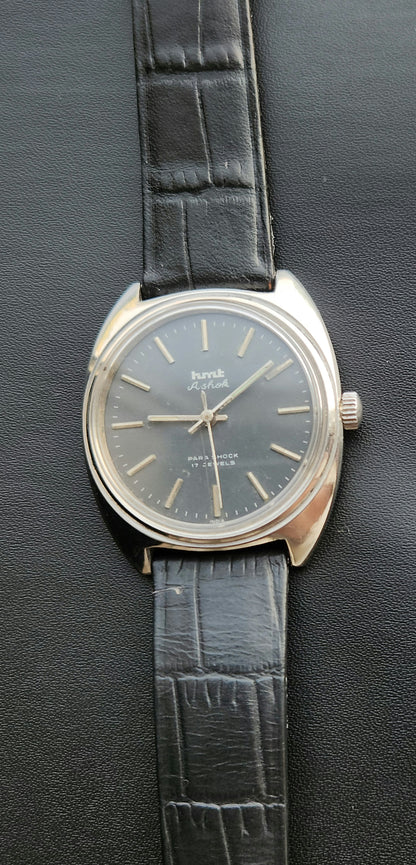 Vintage Original HMT Ashok Hand Winding 17 Jewels Grey Face Black Leather Strap Men's Wrist Watch J105