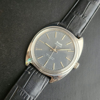 Vintage Original HMT Ashok Hand Winding 17 Jewels Grey Face Black Leather Strap Men's Wrist Watch J105