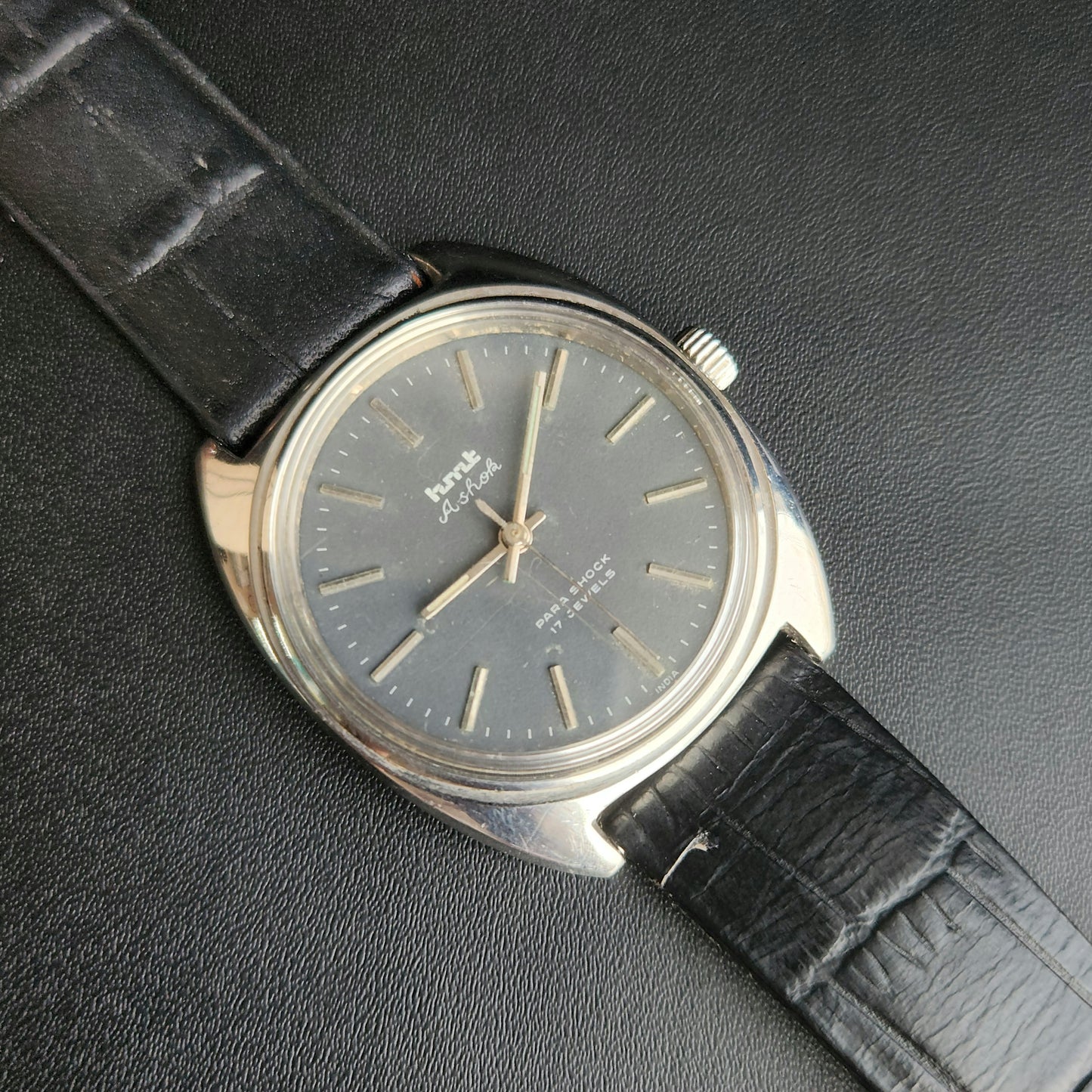 Vintage Original HMT Ashok Hand Winding 17 Jewels Grey Face Black Leather Strap Men's Wrist Watch J105