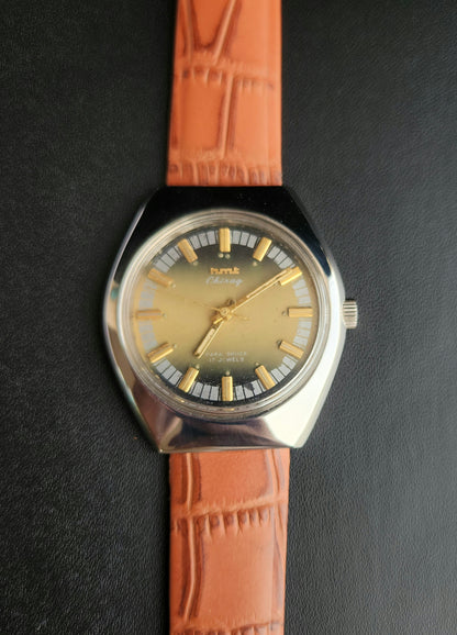 Vintage Original HMT Chirag Hand Winding 17 Jewels Green Face Tan Leather Strap Men's Wrist Watch J106