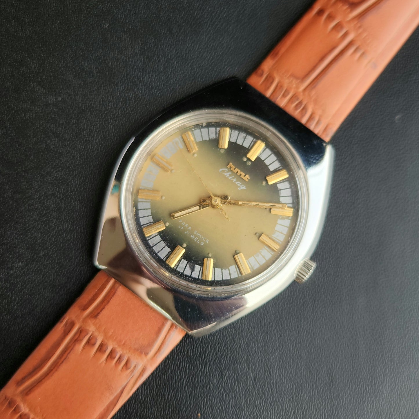 Vintage Original HMT Chirag Hand Winding 17 Jewels Green Face Tan Leather Strap Men's Wrist Watch J106