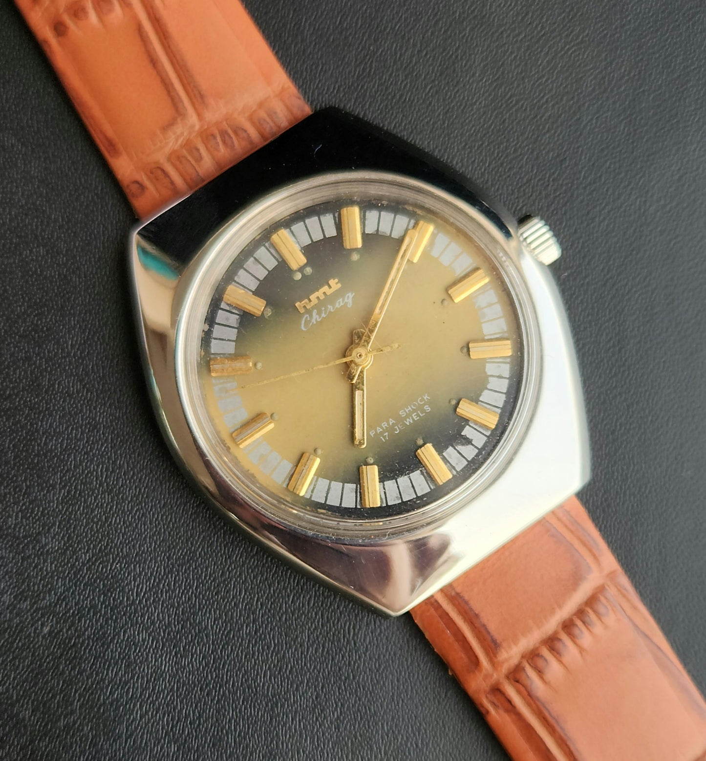 Vintage Original HMT Chirag Hand Winding 17 Jewels Green Face Tan Leather Strap Men's Wrist Watch J106