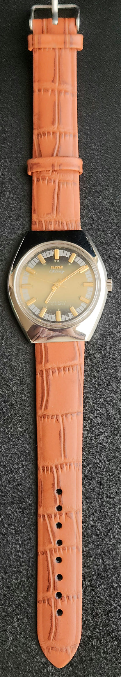 Vintage Original HMT Chirag Hand Winding 17 Jewels Green Face Tan Leather Strap Men's Wrist Watch J106