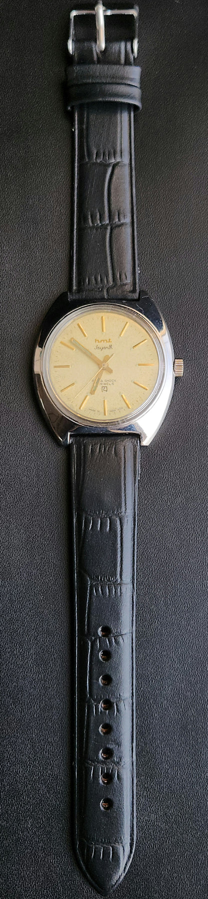 Vintage Original HMT Jayanth Hand Winding 17 Jewels Golden Face Black Leather Strap Men's Wrist Watch J107