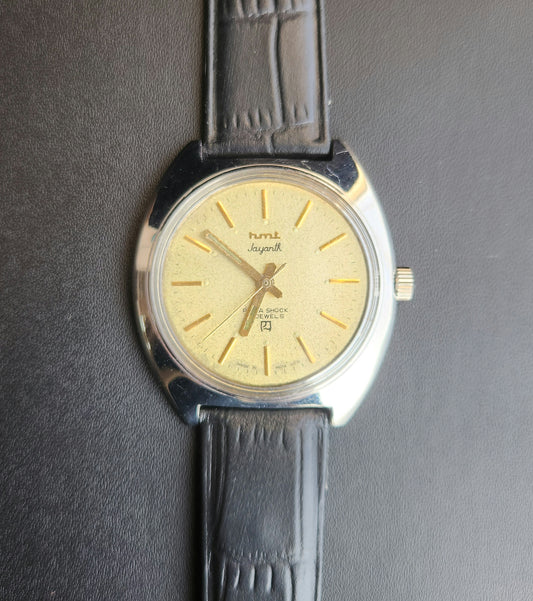 Vintage Original HMT Jayanth Hand Winding 17 Jewels Golden Face Black Leather Strap Men's Wrist Watch J107