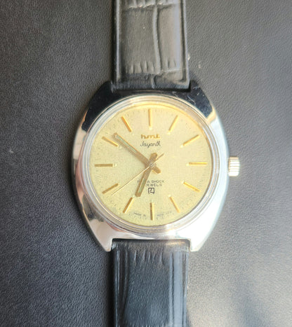 Vintage Original HMT Jayanth Hand Winding 17 Jewels Golden Face Black Leather Strap Men's Wrist Watch J107