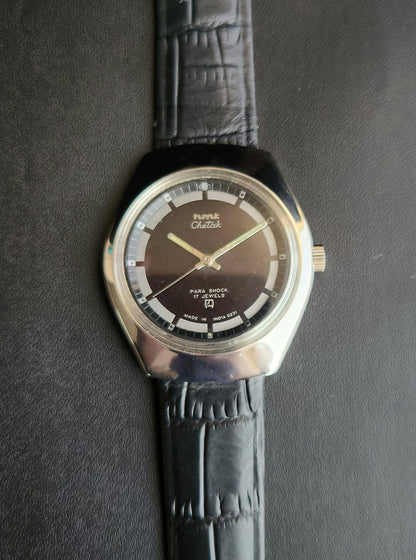 Vintage Original HMT Chetak Hand Winding 17 Jewels Black Face Black Leather Strap Men's Wrist Watch J108