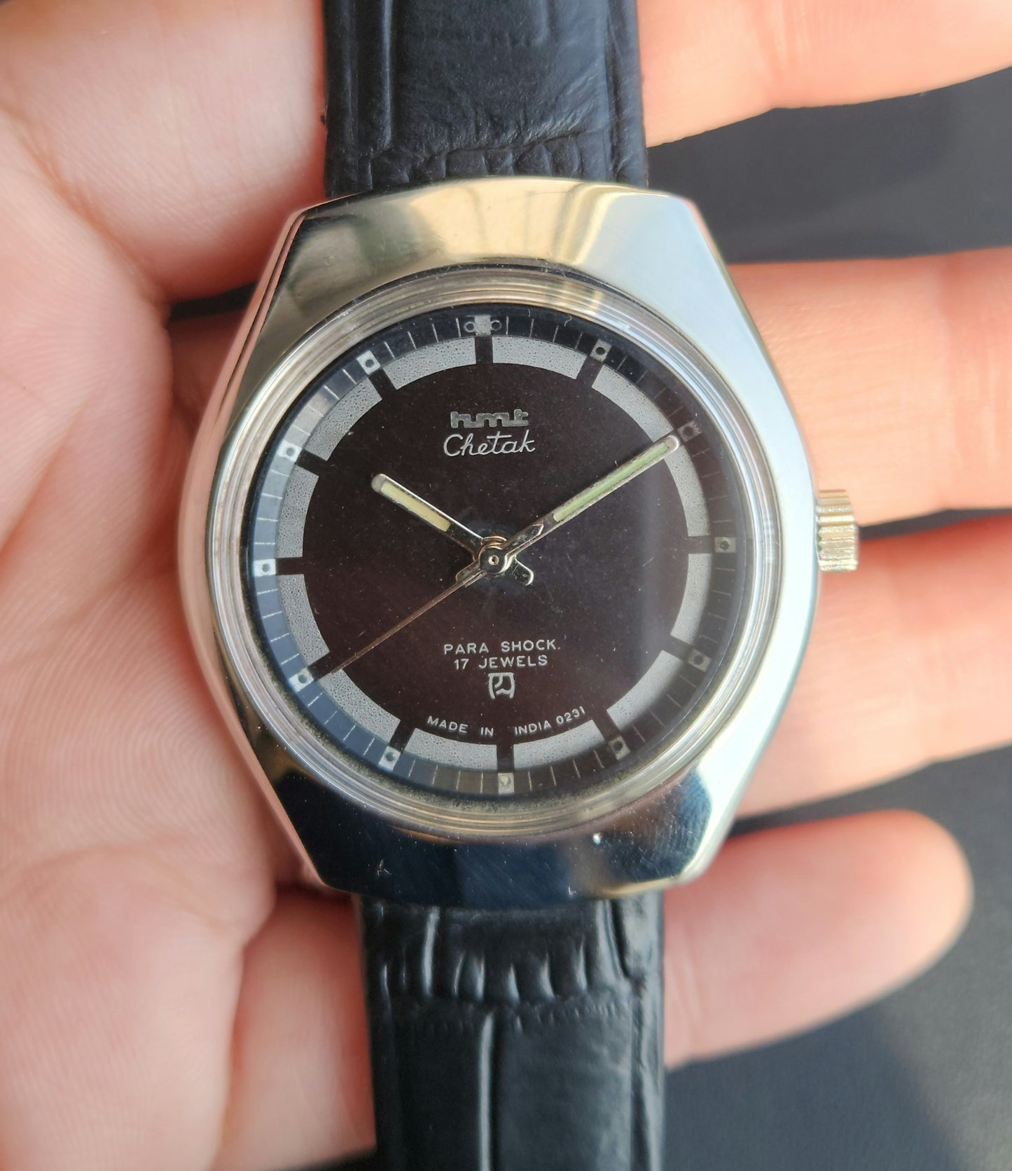 Vintage Original HMT Chetak Hand Winding 17 Jewels Black Face Black Leather Strap Men's Wrist Watch J108