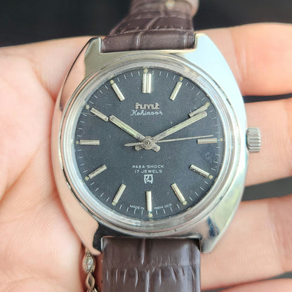 Vintage Original HMT Kohinoor Hand Winding 17 Jewels Grey Face Brown Leather Strap Men's Wrist Watch J109