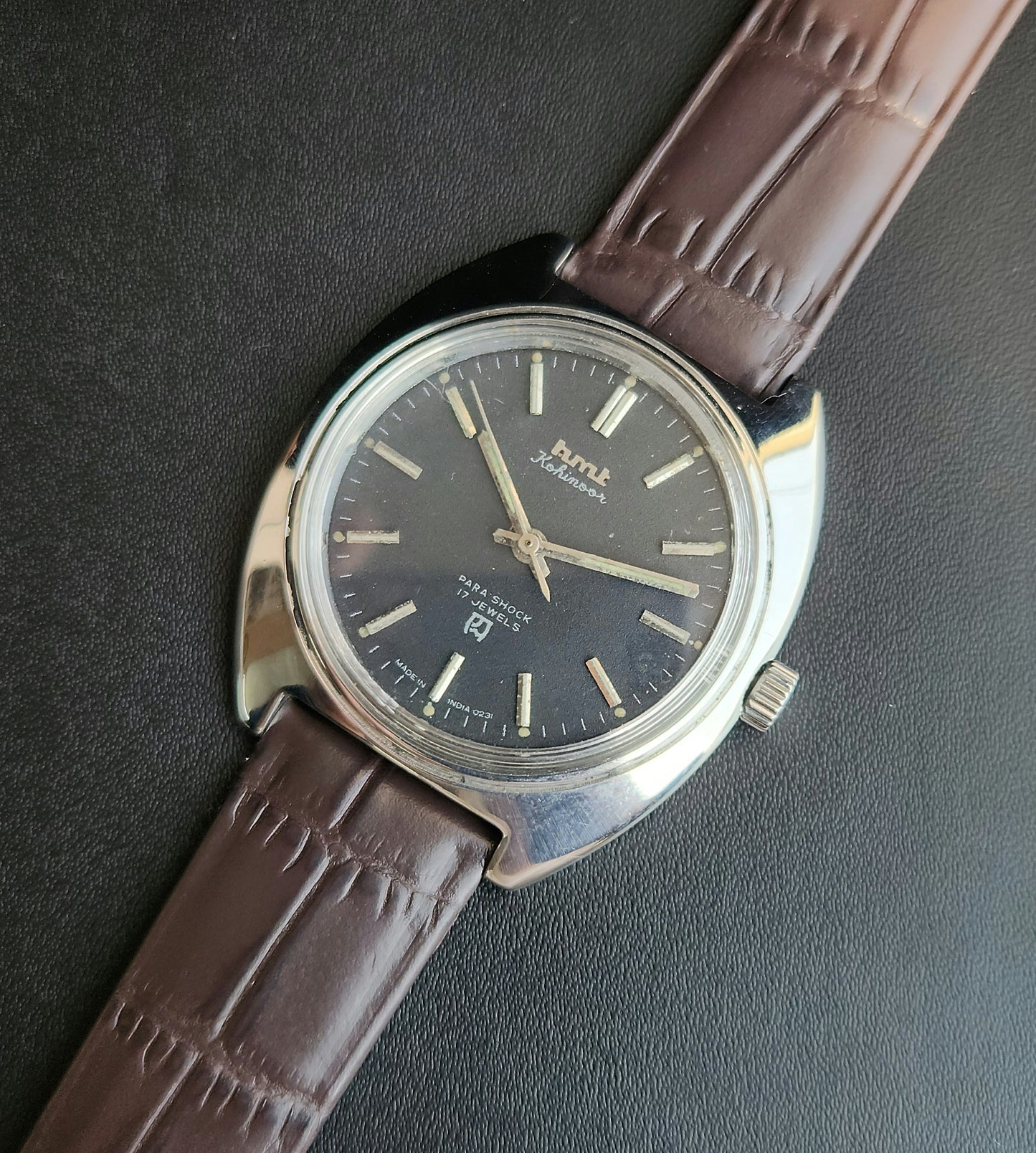 Vintage Original HMT Kohinoor Hand Winding 17 Jewels Grey Face Brown Leather Strap Men's Wrist Watch J109