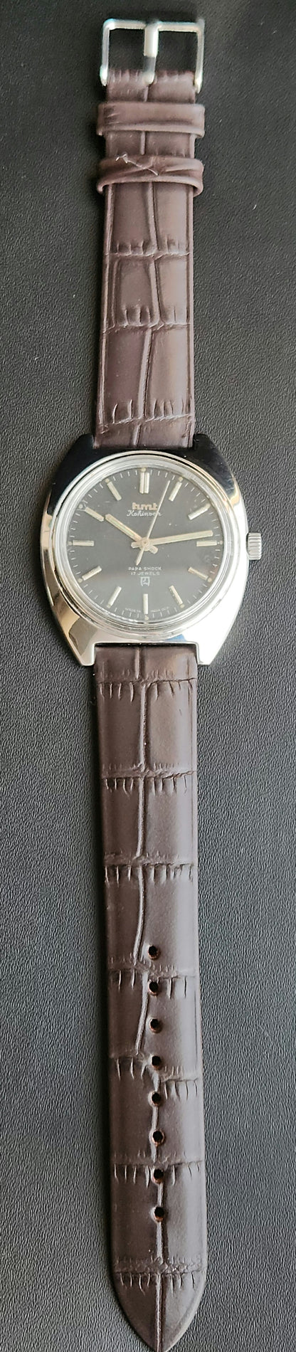 Vintage Original HMT Kohinoor Hand Winding 17 Jewels Grey Face Brown Leather Strap Men's Wrist Watch J109