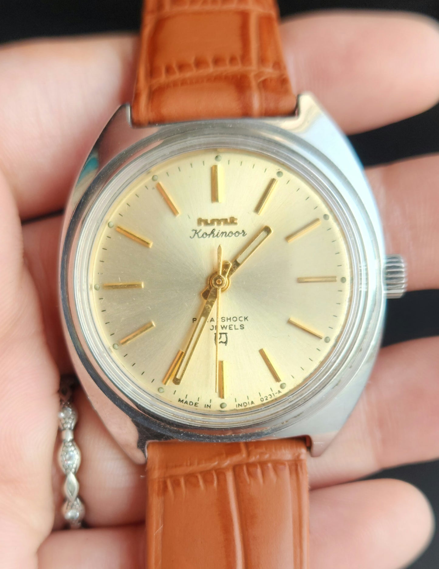 Vintage Original HMT Kohinoor Hand Winding 17 Jewels Golden Face Tan Leather Strap Men's Wrist Watch J110