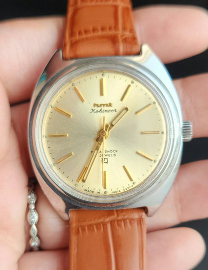 Vintage Original HMT Kohinoor Hand Winding 17 Jewels Golden Face Tan Leather Strap Men's Wrist Watch J110