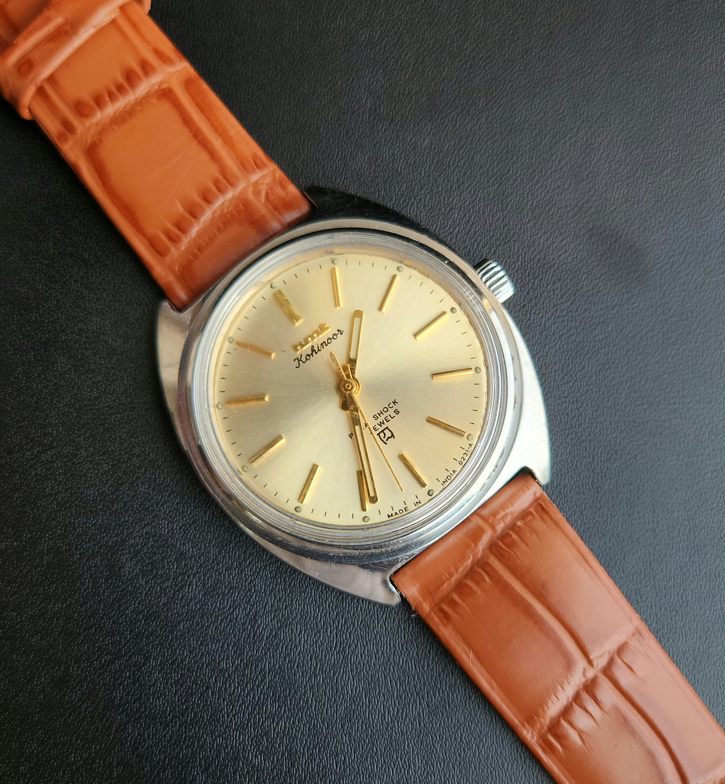 Vintage Original HMT Kohinoor Hand Winding 17 Jewels Golden Face Tan Leather Strap Men's Wrist Watch J110