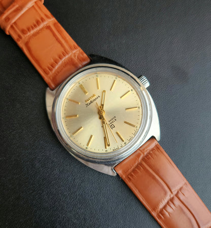 Vintage Original HMT Kohinoor Hand Winding 17 Jewels Golden Face Tan Leather Strap Men's Wrist Watch J110