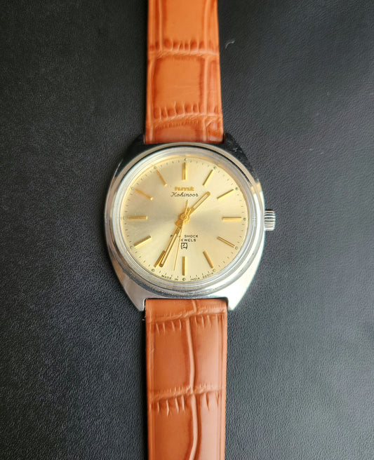 Vintage Original HMT Kohinoor Hand Winding 17 Jewels Golden Face Tan Leather Strap Men's Wrist Watch J110