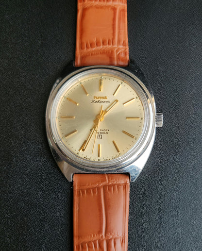 Vintage Original HMT Kohinoor Hand Winding 17 Jewels Golden Face Tan Leather Strap Men's Wrist Watch J110