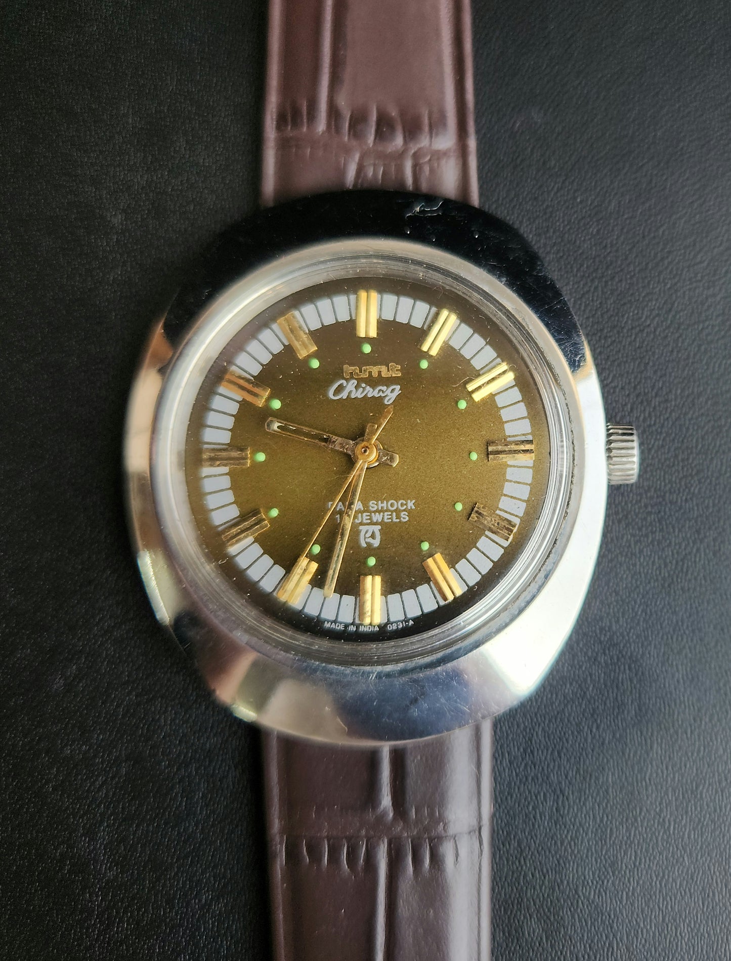 Vintage Original HMT Chirag Hand Winding 17 Jewels Green Face Brown Leather Strap Men's Wrist Watch J101
