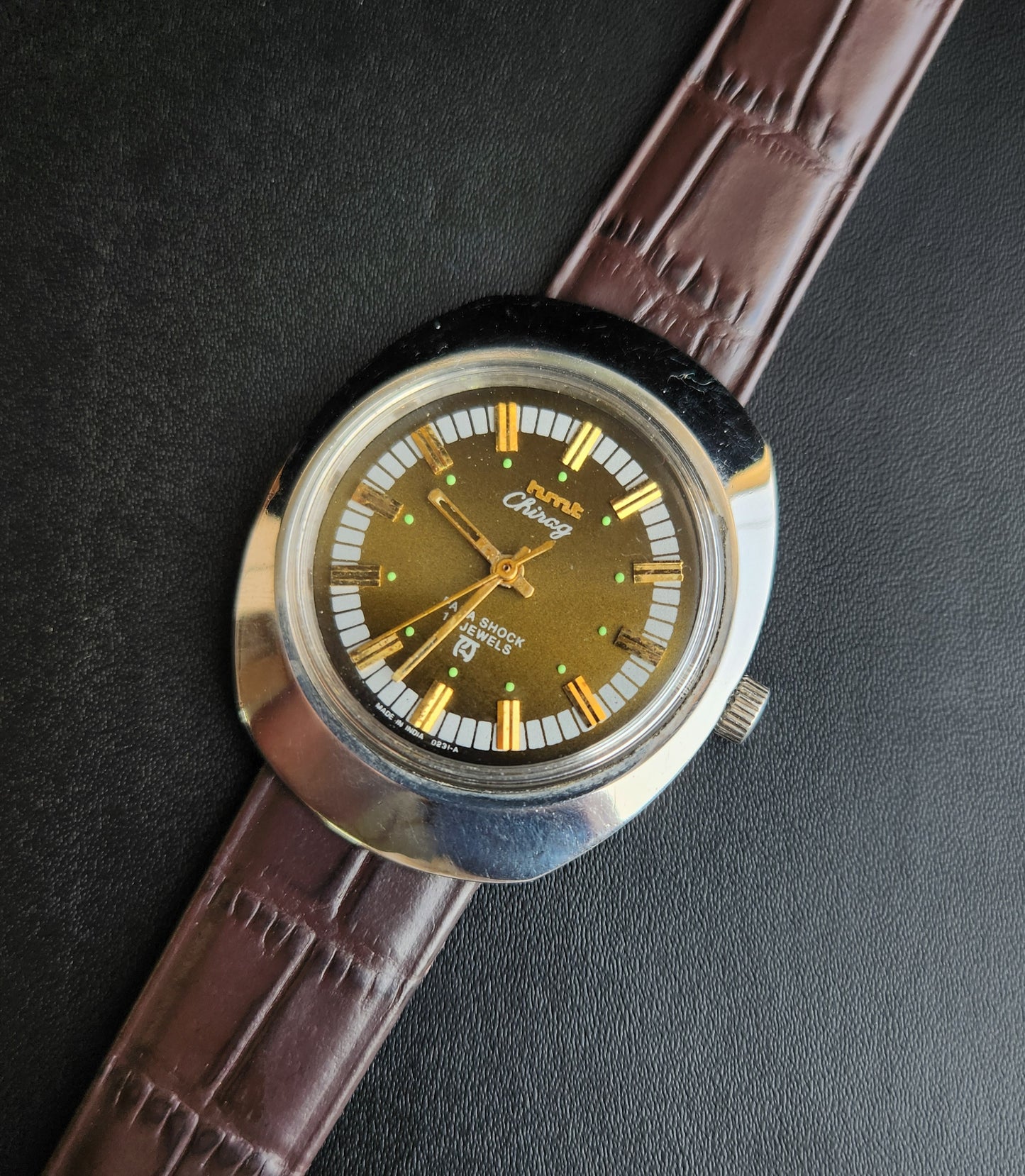 Vintage Original HMT Chirag Hand Winding 17 Jewels Green Face Brown Leather Strap Men's Wrist Watch J101