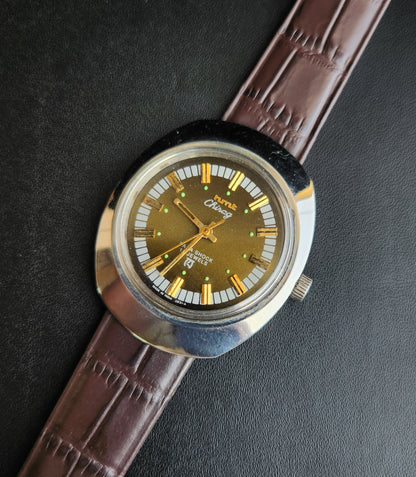 Vintage Original HMT Chirag Hand Winding 17 Jewels Green Face Brown Leather Strap Men's Wrist Watch J101